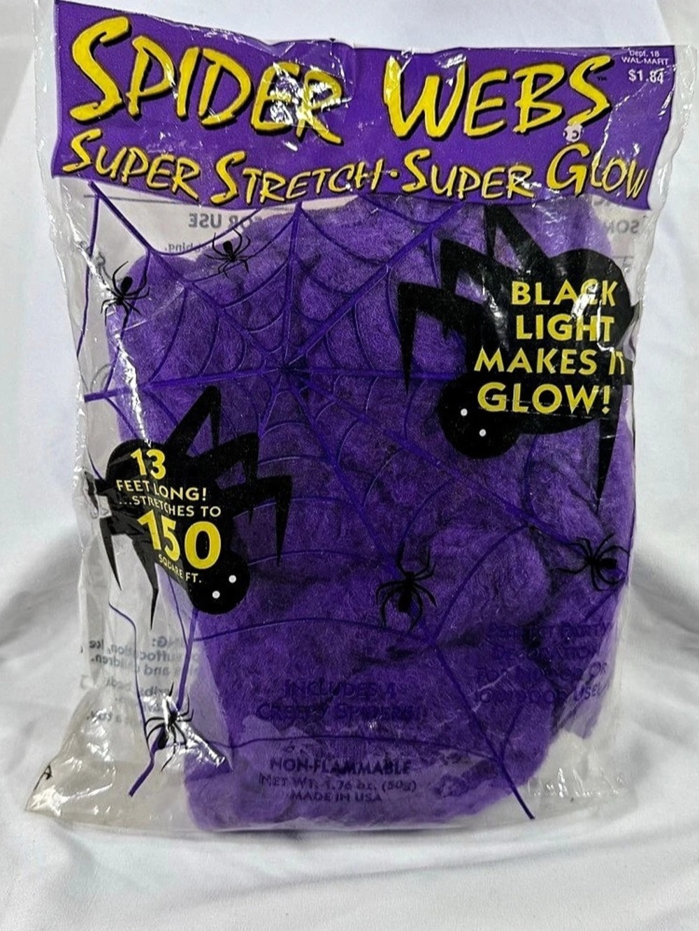 Halloween Spider Webs Super Stretch Super Glow Purple & Black vintage